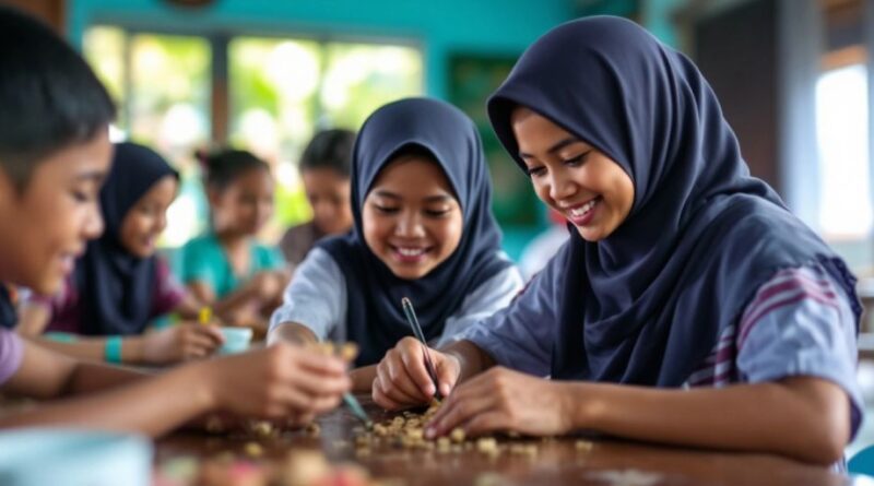 Pelajar di pesantren belajar bersama di lingkungan tradisional.